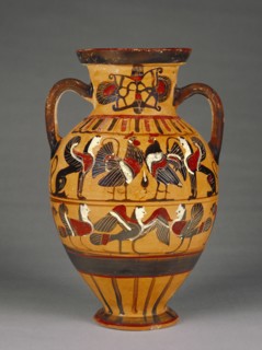 Attic Black-Figure Amphora,  Tyrrhenian , Attributed to Pointed Nose Painter; Athens, Greece; 575 - 550 B.C; Terracotta