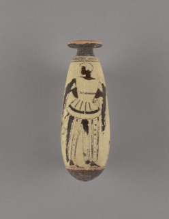 Attic White-ground Alabastron; Athens, Greece; about 480 B.C; Terracotta; 14.5 cm, 5 11,16 in