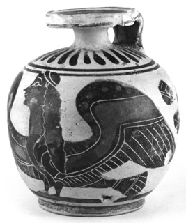 Corinthian Aryballos; Goateed Siren Painter; Greece, Corinth, 570 - 550 B.C; Terracotta; 10 cm, 3 15,16 in