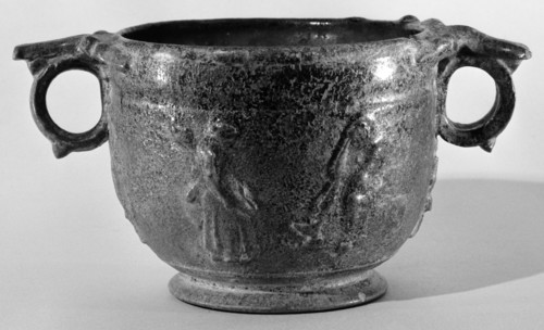 Lead-Glazed Skyphos; Roman Empire; 1st century; Terracotta; 9 × 19.7 × 13.1 cm, 3 9,16 × 7 3,4 × 5 3,16 in