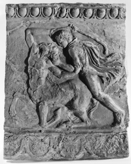 Campana  Relief of Theseus Slaying a Centaur; Italy; 4th century B.C; Terracotta and polychromy; 37.1 × 30.5 cm, 14 5,8 × 12 in