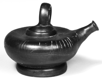 Campanian Black Guttus with Sieve Top; Campania, South Italy; 323 - 31 B.C; Terracotta; 7.5 × 9.7 cm, 2 15,16 × 3 13,16 in