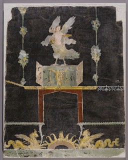 Wall fragment with Siren, Sea Monsters and Niche on Black Ground; Boscoreale, Italy; about 70; Fresco; 84 x 64 cm, 33 1,16 x 25