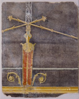 Wall Fragment with Architectural Motifs on Black Ground; Boscoreale, Italy; about 70; Fresco; 75 x 60 cm, 29 1,2 x 23 5,8 in