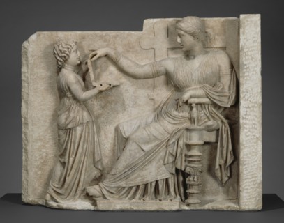 Gravestone with a Woman and Her Attendant;, Delos?, East Greece; about 100 B.C; Marble; 94.6 × 120.7 × 21.6 cm