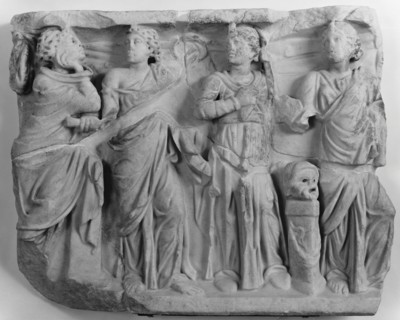 Fragmentary Muse Sarcophagus; about A.D. 210; Marble, bluish-grained; 49.5 x 63 cm, 19 1,2 x 24 13,16 in