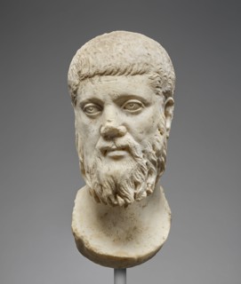 Head of Plato, worked for insertion into a statue, Roman Empire; mid-3rd century; Marble, white; 36 cm, 14 3,16 in