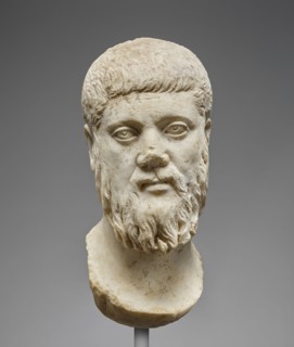 Head of Plato, worked for insertion into a statue, Roman Empire; mid-3rd century; Marble, white; 36 cm, 14 3,16 in