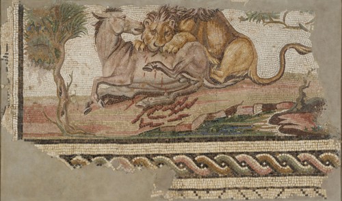 Floor Mosaic with a Lion Attacking an Onager; Tunisia; A.D. 150–200; Stone and glass tesserae; 98.4 × 160 × 7.6 cm