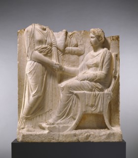 Grave Naiskos of a Seated Woman with Two Standing Women; Greece, Attica, about 340 B.C; Marble; 110 × 100 × 25.2 cm