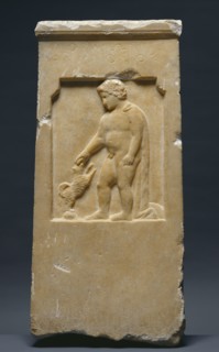 Gravestone of Moschion with his Dog; Greece, Attica, about 375 B.C; Marble; 61.5 × 29.5 × 6.4 cm, 24 3,16 × 11 5,8 × 2 1,2 in
