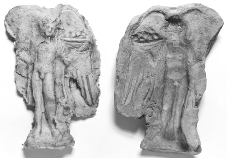 Mold of the Front of a Winged Daimon Holding a Liknon, winnowing basket, Tarentum, Taras, South Italy, Europe; 4th century B.C