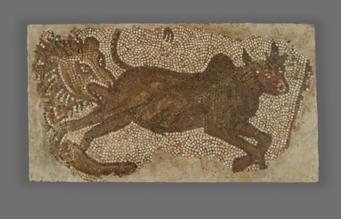 Mosaic of a Lion Chasing a Bull; Syria; 5th - 6th century; Mosaic; 81.3 × 149.9 × 6.4 cm, 32 × 59 × 2 1,2 in