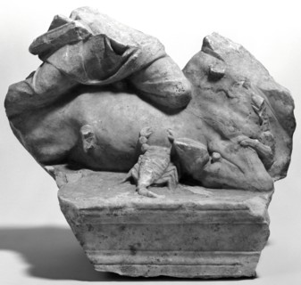 Fragmentary Statuette of Mithras Tauroktonos; Roman Empire; mid-2nd century A.D; Marble; 31.1 × 34.3 × 23.5 cm