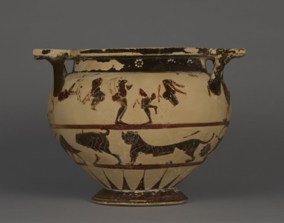 Corinthian Column Krater; Greece, Corinth, about 570 B.C; Terracotta; 21.7 × 29.5 × 22 cm, 8 9,16 × 11 5,8 × 8 11,16 in