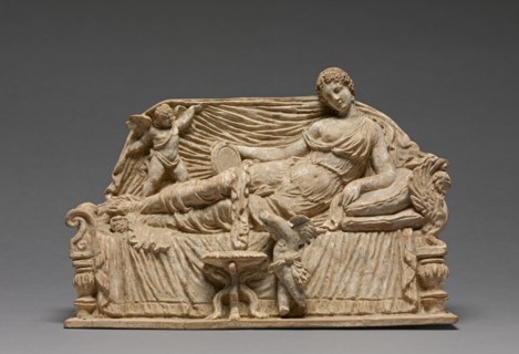 Imitation of a Statuette of a Female Reclining on a Couch with Erotes; Italy, ?, 1875 - 1890; Terracotta, pigment, and gold