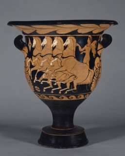 Campanian Bell Krater; Branicki Painter; Campania, South Italy; about 320 B.C; Terracotta; 43.8 × 40.6 cm, 17 1,4 × 16 in