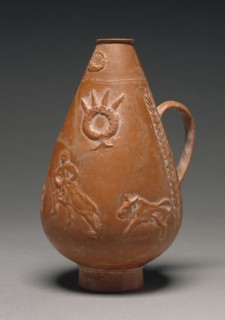 Jug with Gladiators Fighting Wild Beasts; North Africa, Tunisia; 200 - 275; Terracotta; 15.3 cm, 6 in