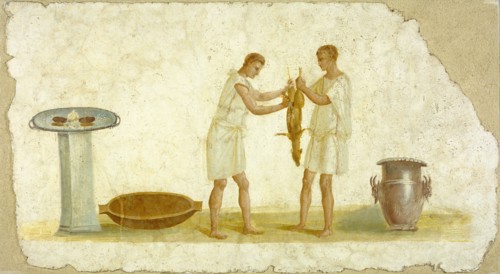 Wall Fragment with a Scene of Meal Preparation; Italy; 100 - 150; Fresco; 69.5 × 127 × 3.5 cm, 27 3,8 × 50 × 1 3,8 in
