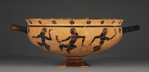 Black-Figure Komast Cup; Attributed to the Painter of Copenhagen 103; Attica, Greece; about 580 - 575 B.C; Terracotta; 9.7 × 26.