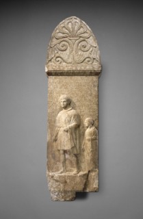 Gravestone of Poseides and His Wife; Asia Minor; about 275 B.C; Marble with polychromy; 172.7 × 53.3 × 23.5 cm