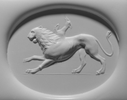 Engraved Scaraboid; about 400 B.C; Blue chalcedony; 0.9 × 2.4 × 1.8 cm, 3,8 × 15,16 × 11,16 in