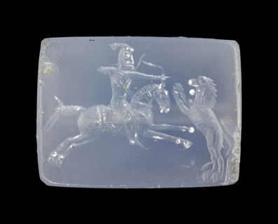 Engraved Tabloid Gem; Pendants Group; Asia Minor; about 400 B.C; Blue chalcedony; 1.1 × 1.4 × 1.9 cm, 7,16 × 9,16 × 3,4 in