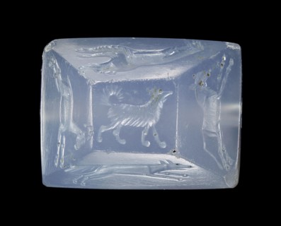 Engraved Tabloid Gem; Pendants Group; Asia Minor; about 400 B.C; Blue chalcedony; 1.1 × 1.4 × 1.9 cm, 7,16 × 9,16 × 3,4 in