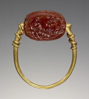 Scarab; Etruria; 4th century B.C; Carnelian, gold; 0.8 × 1.5 × 1.1 cm, 5,16 × 9,16 × 7,16 in