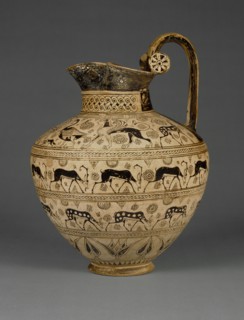 Pitcher with Waterbirds, Dogs, and Ruminants; Ionia, present-day western Turkey, about 625 B.C; Terracotta; 35.7 × 26.5 cm