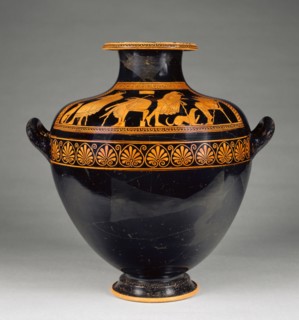 Vessel with Youths and Their Dogs; Attributed to the Kleophrades Painter, Greek, Attic, active 505 - 475 B.C., Athens, Greece