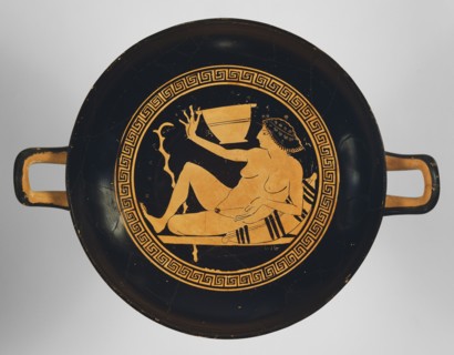 Wine Cup with a Woman Playing a Game; Attributed to Onesimos, Greek, Attic, active 500 - 480 B.C., Athens, Greece; about 490 B