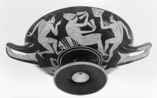 Wine Cup with a Woman Playing a Game; Attributed to Onesimos, Greek, Attic, active 500 - 480 B.C., Athens, Greece; about 490 B