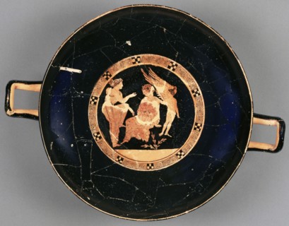 Wine Cup with Demonassa and Peitho; Interior attributed to Meidias Painter, Greek, Attic, active 420 - 390 B.C., Athens