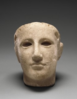 Head of Athena; South Italy; about 420 B.C; Marble; 21 × 14.1 × 15.8 cm, 8 1,4 × 5 9,16 × 6 1,4 in