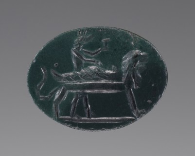 Engraved Gem with Anubis and Osiris; 100 - 250; Green Jasper?; 1.4 × 1.1 × 0.3 cm, 9,16 × 7,16 × 1,8 in