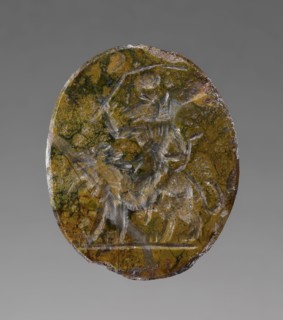 Double-Sided Engraved Gem with Magical Inscription; Roman Empire; 2nd - 4th century; Brecciated jasper & chalcedony; 7 × 1.5 cm