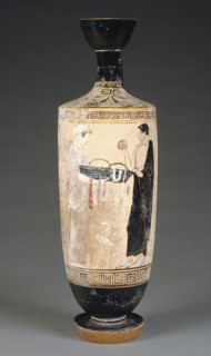 Oil Jar with a Woman Carrying a Basket of Offerings; Attributed to the Timokrates Painter, Greek, Attic, active about 470 - 460