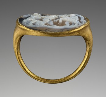 Pan Battling a Goat; Attributed to Sostratos or Workshop, Greek ?, about 25 - 1 B.C., 25 - 1 B.C; Cameo: sardonyx; ring: gold