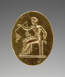 Aphrodite Weighing Love; about 350 B.C; Gold; 2.2 × 1.8 cm, 0.012 kg, 7,8 × 11,16 in., 0.0265 lb