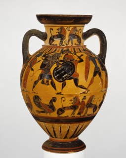 Storage Jar with Herakles Battling Kyknos; Euboea, Greece; about 570 - 560 B.C; Terracotta; 35.8 × 23.8 cm, 14 1,8 × 9 3,8 in