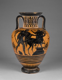 Storage Jar with Herakles Threatening the Centaur Pholos; Attributed to Group of Würzburg 221; Athens, Greece; about 480 - 470