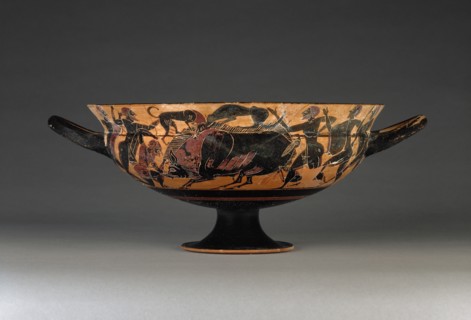 Wine Cup with a Boar Hunt; Painter of Boston C.A; Athens, Greece; about 560 B.C; Terracotta; 12.9 × 33.8 × 26.2 cm