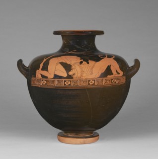 Water Jar with Herakles Wrestling the Nemean Lion; Attributed to Aegisthus Painter, Greek, Attic, active about 480 - about 460