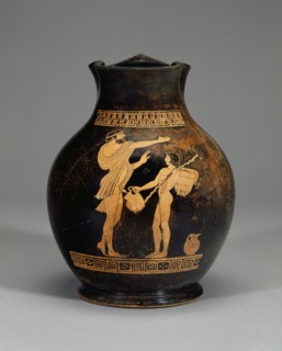 Wine Jug with a Drunken Man Singing; Oionokles Painter, Greek, Attic, active about 470 B.C., Athens, Greece; about 470 B.C