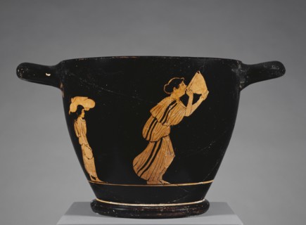 Cup with a Woman Drinking in a Storeroom; Athens, Greece; about 470 - 460 B.C; Terracotta; 15.3 × 27.5 × 17.9 cm