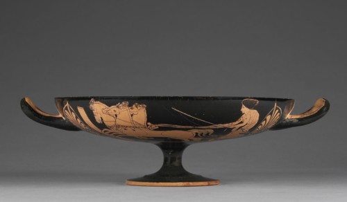 Wine Cup with a Chariot Race; Attributed to the Marlay Group; Athens, Greece; about 430 - 420 B.C; Terracotta; 8 × 29.5 × 22.9