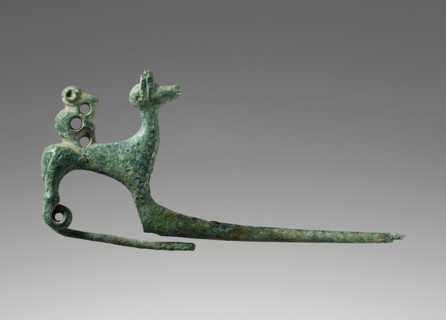 Pin Shaped as a Dog with a Monkey; Etruria; 700–650 B.C; Bronze; 3.8 × 7.6 × 2 cm, 1 1,2 × 3 × 13,16 in