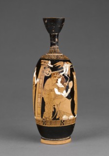 Oil Jar with Paris and Helen; Painter of the Frankfort Acorn, and Phintias; Athens, Greece; about 420 - 400 B.C; Terracotta