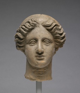 Head of a Woman; Tarentum, Taras, South Italy; about 350 B.C; Terracotta; 17.8 × 14.1 cm, 7 × 5 9,16 in